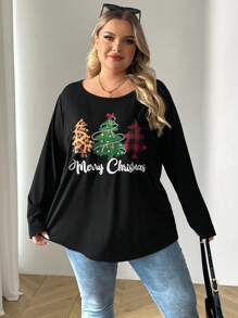 SHEIN CURVE+ Plus Size Christmas Tree Print Round Neck Long Sleeve T-Shirt, Casual Daily Wear - Black - View 7