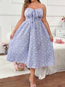 Franclia 大码细肩带蝴蝶结雏菊花卉连衣裙，甜美度假风格