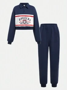 SHEIN 2pcs/Set Teenage Girls Casual Collegiate Letter Printed Drop Shoulder Polo Shirt And Sweatpants Outfit - Royal Blue - View 13