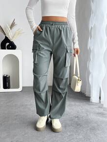 Quần nỉ buộc mắt cá chân có dây rút bỏ túi màu trơn cho nữ - Màu xanh bụi bặm - Xem 9