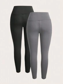 SHEIN EZwear 2件套瑜伽裤收腹高腰跑步紧身裤带口袋 - 彩色 - 查看 2