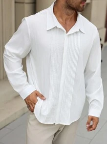 Manfinity Homme Áo sơ mi nam tay dài trơn cỡ lớn cài nút đơn giản, dùng khi đi chơi - trắng - Xem 4