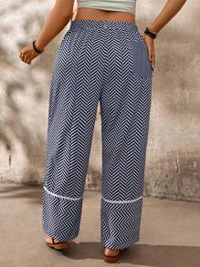 EMERY ROSE Plus Size Women's Vacation Waist-Tied Herringbone Print Pocket Wide Leg Loose Casual Pants Fall Cloth For Women - Blue - View 2