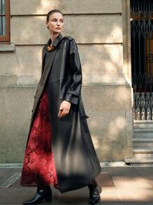 SHEIN X Lucía Bellido Anewsta Women Black Epaulet Design Loose Fit Long Over-The-Knee Faux Leather Coat