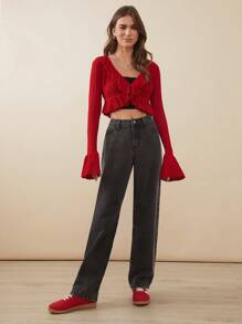 WESTFADE Jeans rectos de cintura media de algodón de mezclilla premium de los años 90 - Negro - Ver 3