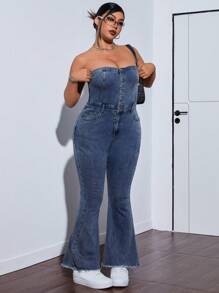 SHEIN ICON Plus Size Summer Casual Frayed Flare Denim Jumpsuit