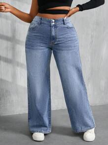 SHEIN PETITE CURVE 大码女式蓝色直筒牛仔裤 夏季度假 90 年代春季 女式 Y2K 牛仔风 女式 狂欢 春假 外出 街头服饰 2000 年代风格 音乐会 拉斯维加斯老钱之夜 女式狂欢节 复活节 女式生日 女式辣妹 单身派对 女式音乐会 外出 宽松牛仔裤