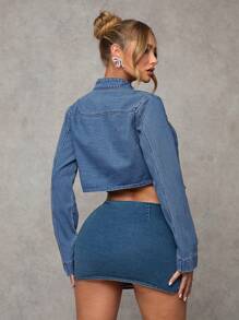 SHEIN BAE 女士蓝色修身长袖牛仔夹克 - 深色水洗藍 - 查看 2
