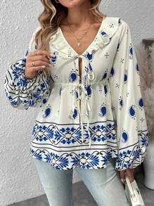 SHEIN Clasi Blusa con manga larga, estampado floral, volantes y cordones delanteros, uso casual
