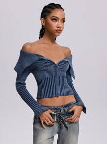 SHEIN Coolane Women's Vintage Y2K Knit Off Shoulder Long Sleeve Zip Up Stretchy Bodysuit Cardigans Sweater - Royal Blue - View 2