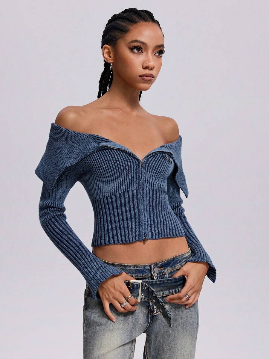 SHEIN Coolane Women's Vintage Y2K Knit Off Shoulder Long Sleeve Zip Up Stretchy Bodysuit Cardigans Sweater