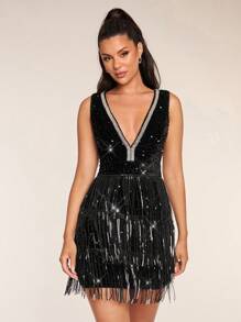 Glamine Vestido negro corto de lentejuelas con efecto patchwork, flecos en el bajo y sin mangas - Vestido elegante, sexy, para fiestas, baile de graduación o fiesta de vacaciones
