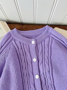 SHEIN Teen Girls Cable Knit Solid Color Round Neck Long Sleeve Cardigan Sweater - Purple - View 3