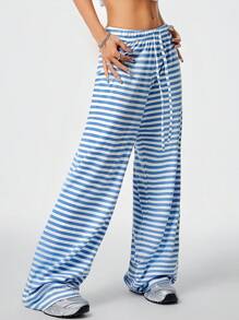 SHEIN EZwear Quần Palazzo ống đứng kẻ sọc dáng rộng thoải mái có thắt lưng cho nữ - Xanh và trắng - Xem 5