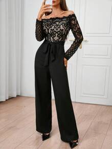 SHEIN Clasi Women's Off-Shoulder Floral Lace Tie-Waist Jumpsuit For Spring And Autumn
