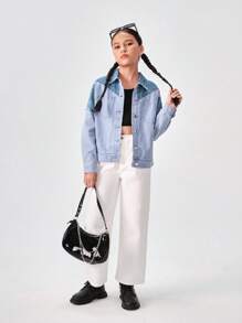 SHEIN Jaqueta jeans solta com contraste de cores e estilo de rua para meninas adolescentes