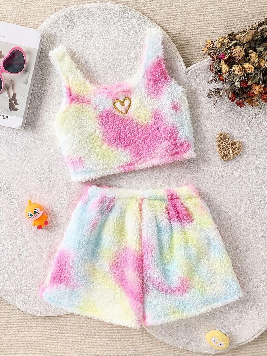 SHEIN Leap Crew 2 件套 Tween Girl 心形刺绣羊毛吊带背心和短裤睡衣套装 - 粉色 - 查看 1