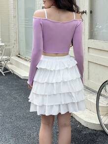 SHEIN 2pcs/Set Teen Girl Sweet Bowknot Waist Ruched Design Contrast Color Strap Ruffle Bowknot Top And Contrast Color Bow Cake Skirt 2 Pieces Set - Multicolor - View 2