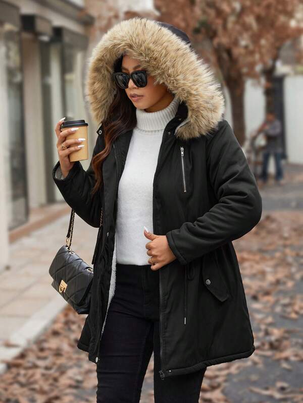 Calvaya Manteau matelassé casual à capuche à cordon de serrage en patchwork avec fausse fourrure pour femmes grandes tailles