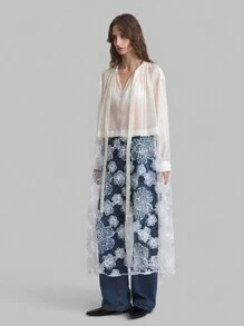 Ontre Blusa de manga larga con diseño minimalista de unicolor y estampado floral para mujer - Albaricoque - Ver 3