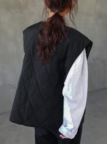FRIFUL Solid Tie Front Quilted Vest Coat Jacket - Black - View 5