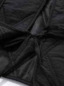 FRIFUL Solid Tie Front Quilted Vest Coat Jacket - Black - View 8