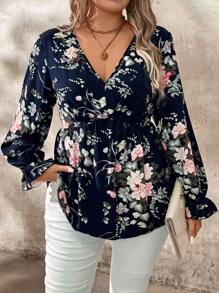 EMERY ROSE Camisa de talla grande con estampado floral todo sobre para otoño, top con volante