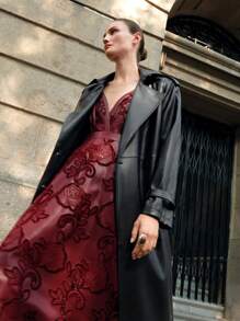 SHEIN X Lucía Bellido Anewsta Women Black Epaulet Design Loose Fit Long Over-The-Knee Faux Leather Coat