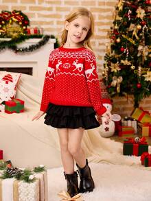 Glamorique Kids Young Girl Casual Fashion Christmas Reindeer Jacquard Knitted Crew Neck Sweater, Suitable For Christmas Party And Daily Wear, Autumn/Winter. ( Family Matching Mommy And Me Are Sold Separately In 4 Pieces) - Red - View 7