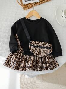 SHEIN Leap Crew 女宝宝可爱黑色块状字母印花荷叶边下摆连衣裙，秋冬季 - 棕色 - 查看 1