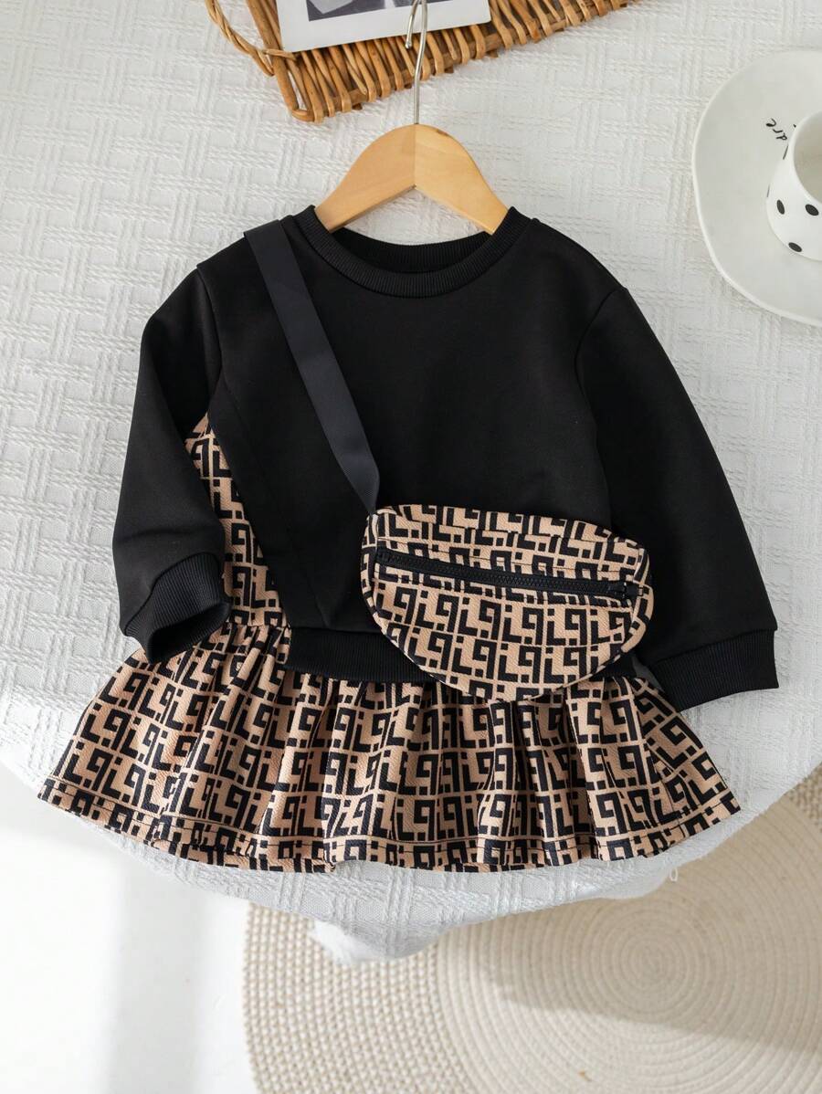 SHEIN Leap Crew 女宝宝可爱黑色块状字母印花荷叶边下摆连衣裙,秋冬季 - 棕色 - 查看 1