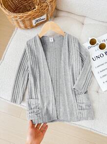SHEIN Young Girl 1pc Solid Color Knitted Open Front Coat With Pocket, Autumn And Winter, Soft & Comfortable, Back-To-School, College Style, Daily Wear, Preppy, Vintage Fall (9),Winter (2),Grey