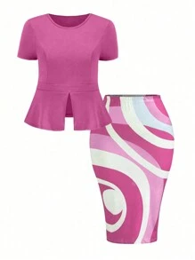 SHEIN Clasi 大码女式纯色针织圆领短袖开叉 T 恤上衣和几何印花休闲夏季套装 - 玫紅色 - 查看 1