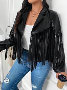 SHEIN LUNE Plus Size Plain Color Fringe Hem Zipper Long Sleeve Jacket, For Winter Fall Autumn - Black - View 5