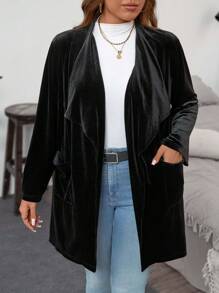 SHEIN LUNE Plus Size Autumn Jacket With Large Lapel, Front Opening And Dual Pockets - Black - View 4