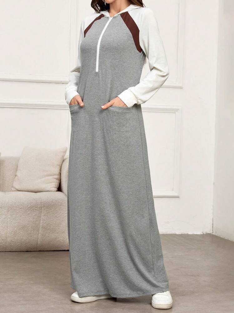 Mulvari Vestido modesto árabe de manga larga con bloques de color, patchwork, bolsillo y capucha simple - Gris - Añade 4