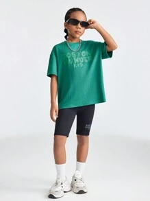 SHEIN Tween Girls' Knit Solid Color Drop Shoulder Short Sleeve T-Shirt And Shorts Casual 2pcs/Set With Letter Print Design - Green - View 5