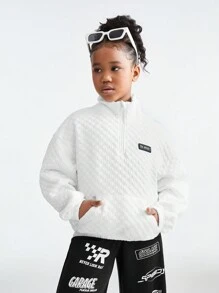 SHEIN Tween Girls Daily Wear Plaid Textured Back To School Sweatshirt For Thanksgiving Fall/Winter   - White - View 4