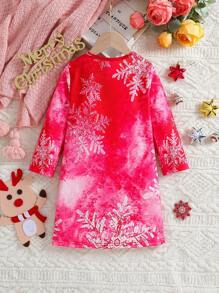 SHEIN Vestido de manga larga con cuello redondo con estampado de copos de nieve y renos, estilo europeo para niña joven, primavera otoño