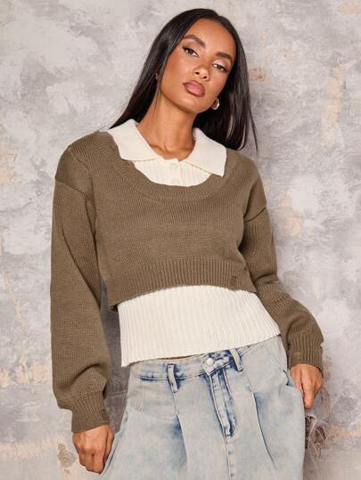 Glamine 2pcs Set Women Solid Round Neck Dropped Shoulder Long Sleeve Cropped Sweater And Sleeveless Polo Neck Knit Top, Autumn Winter