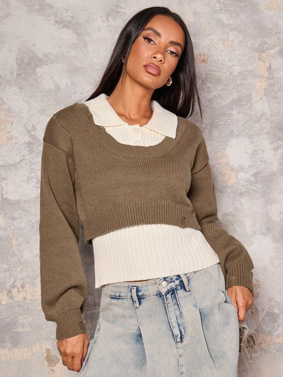 Glamine 2pcs Set Women Solid Round Neck Dropped Shoulder Long Sleeve Cropped Sweater And Sleeveless Polo Neck Knit Top, Autumn Winter - Multicolor - View 1