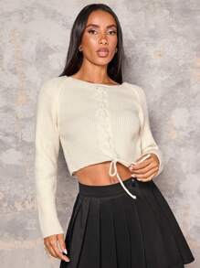 Chiquease Jersey de cuello redondo de manga larga con cordones trenzados de unicolor para mujer