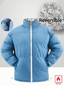 Manfinity Hypemode Men's Thick Padded Reversible Printed Padded Coat With Stand Collar, Warm For Fall Winter, Smoky Blue - Dusty Blue - View 8