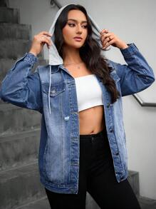 SHEIN Essnce Hooded Contrast Trim Button Up Distressed Casual Long Sleeve Denim Jacket - Medium Wash - View 4