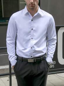 Manfinity Mode Men Contrast Trim Button Up Shirt, Men White Dress Shirt, Formal Shirts For Men, Business Casual Shirts - White - View 5