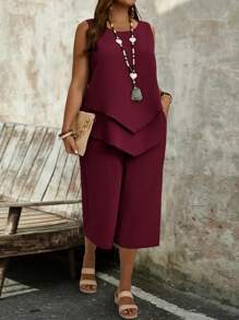 EMERY ROSE Bộ 2 món áo không tay màu đỏ hồng đơn giản và quần Capri cho nữ cỡ lớn - Màu Hoa hồng đỏ - Xem 4