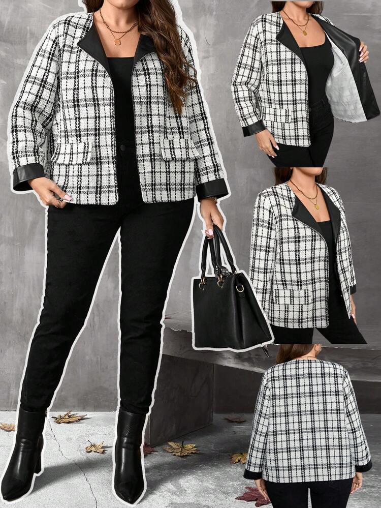 Plus Size Winter Clothes For Women Coats For Women Christmas Clothes Women Thermal Costume Solid Color Patchwork Long Sleeve Faux Pocket Jacket, Casual Wear