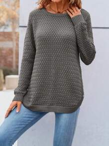 SHEIN LUNE Áo len chui đầu dài tay cổ tròn màu trơn thiết kế nút bên hông rộng rãi thoải mái cho nữ, xuân thu - Màu Xám nhạt - Xem 3