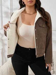 SHEIN Essnce 女士大尺寸純色前鈕翻蓋立領口袋外套 - 棕色 - 查看 7