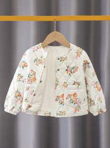 SHEIN 年轻女孩数码印花圆领夹棉大衣，配有真口袋和纽扣，适合冬季休闲、旅行、上学和各种场合